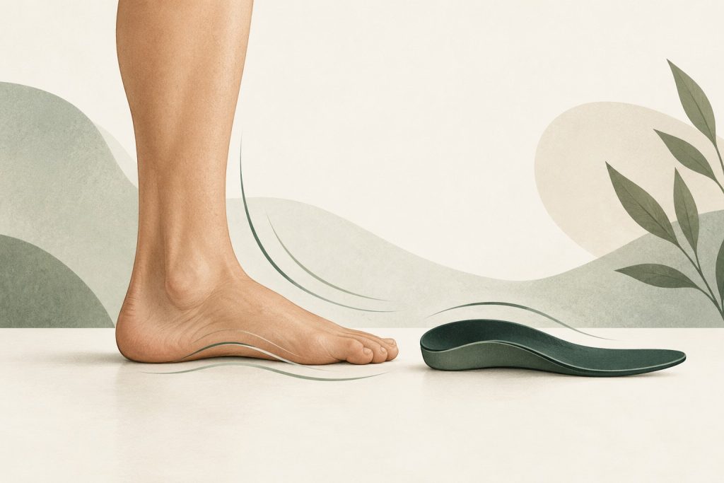 Illustration of a foot beside a contoured orthotic shoe insert